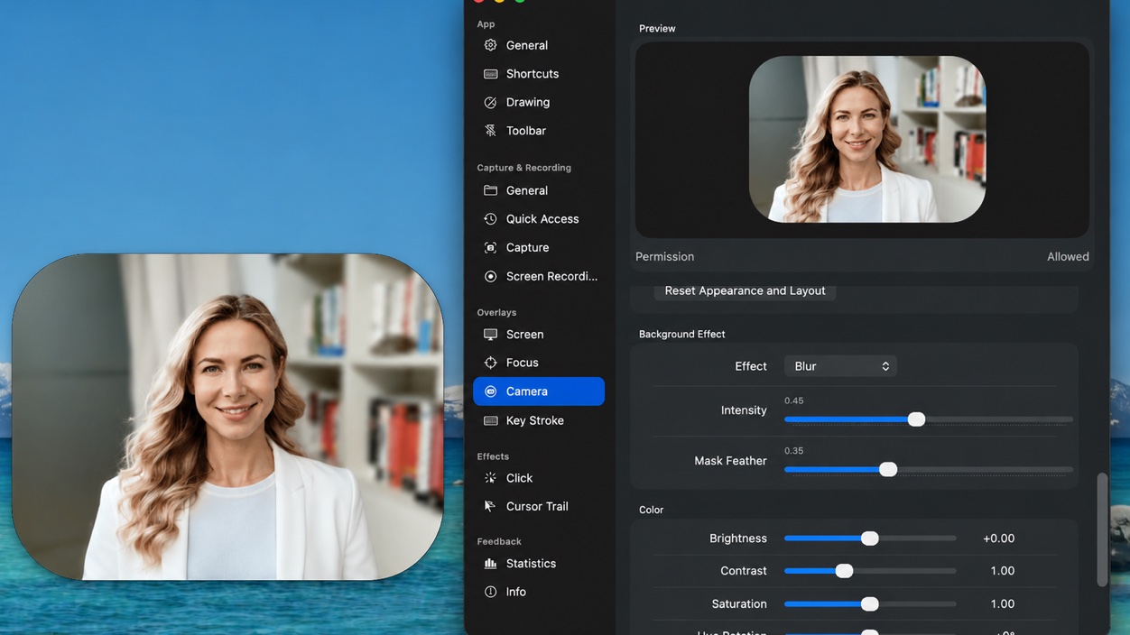 DeskBoard2 camera overlay settings and preview